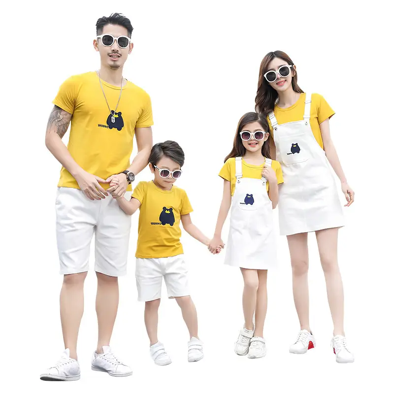 Family 3-Person Yellow T-Shirt White Shorts Summer Outfit - Image 9