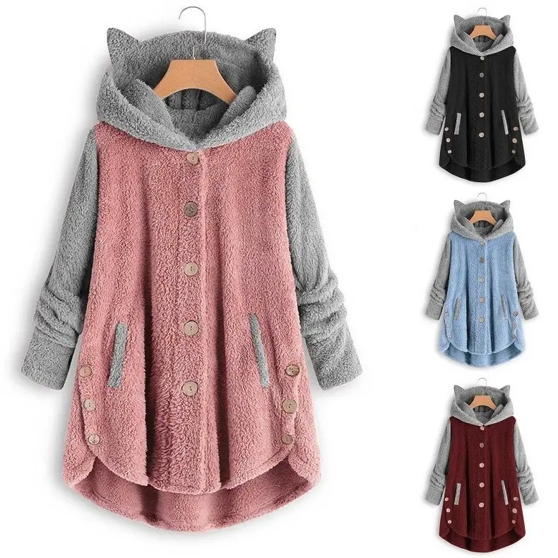Women Button Hooded Cat Ear Plush Jacket Green - Image 6