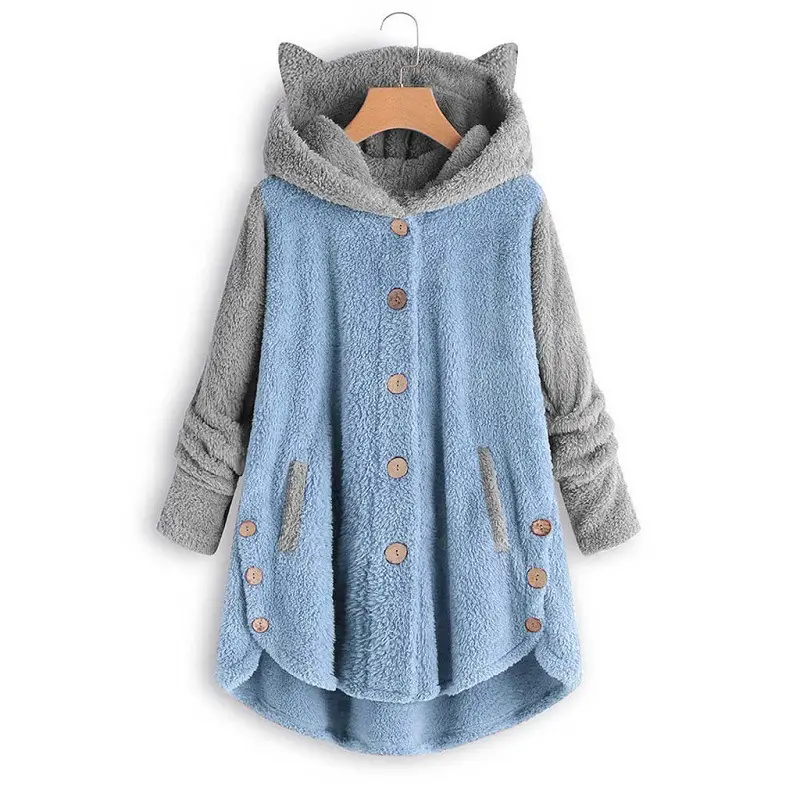 Women Button Hooded Cat Ear Plush Jacket Green - Image 9