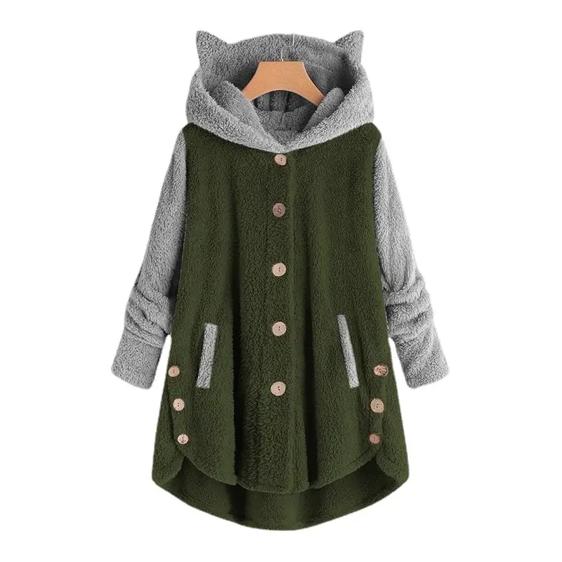 Women Button Hooded Cat Ear Plush Jacket Green - Image 10