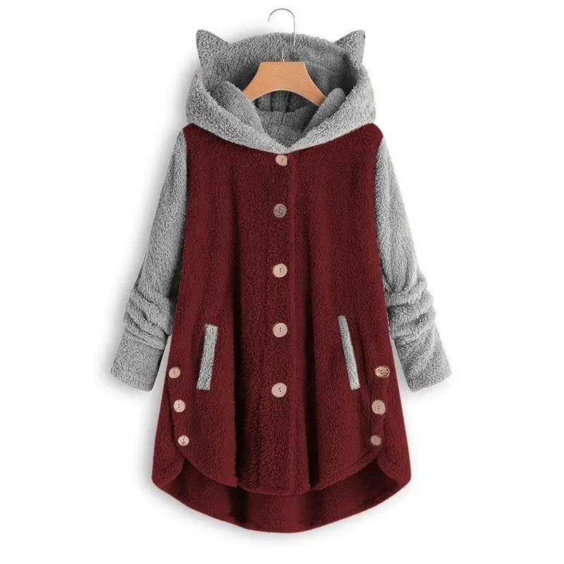 Women Button Hooded Cat Ear Plush Jacket Green - Image 5