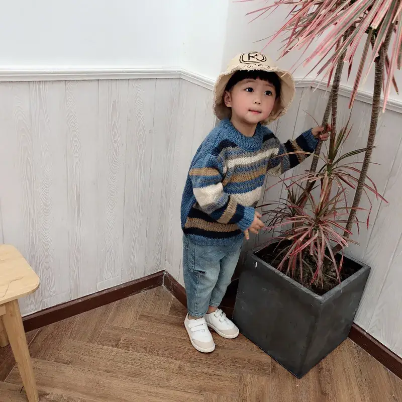 Kids Knitted Sweater Blue Striped Long Sleeve Winter