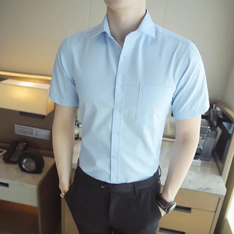 Men's Light Blue Short Sleeve Cotton Shirt - Image 7