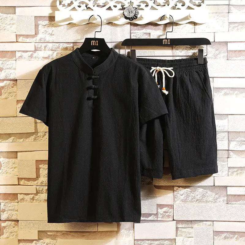 Men Black Chinese Style Shorts Suit Large Cotton Linen - Image 6