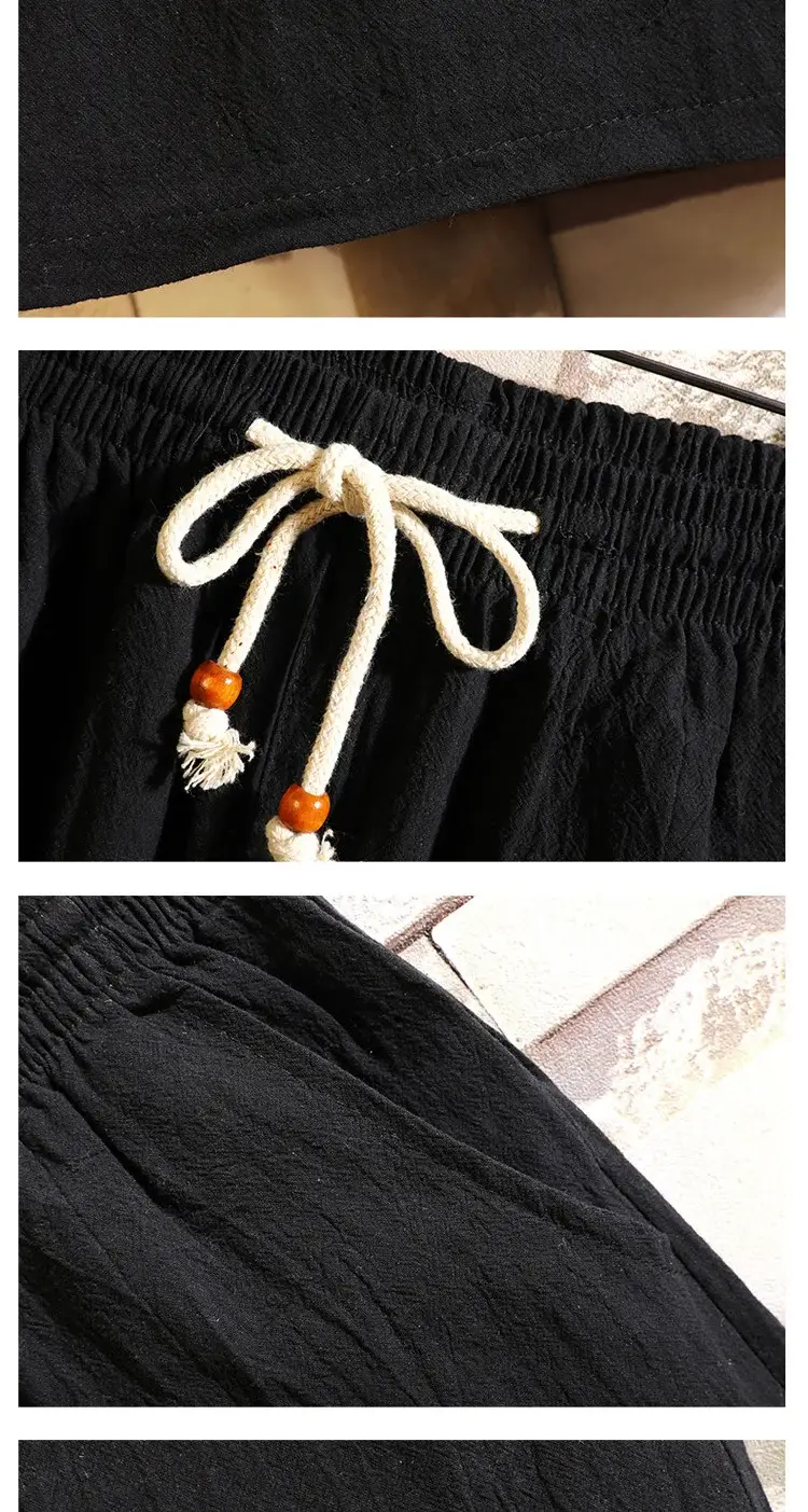 Men Black Chinese Style Shorts Suit Large Cotton Linen — feature 11