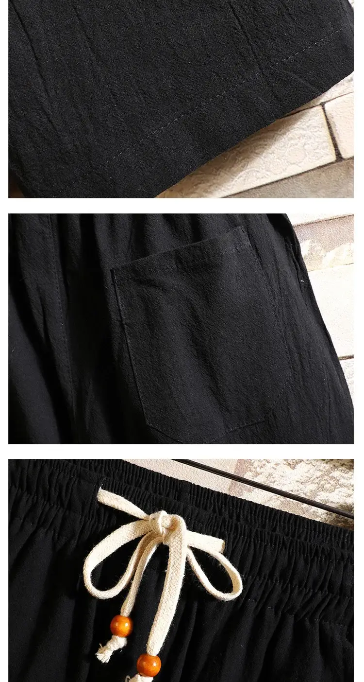 Men Black Chinese Style Shorts Suit Large Cotton Linen — feature 12