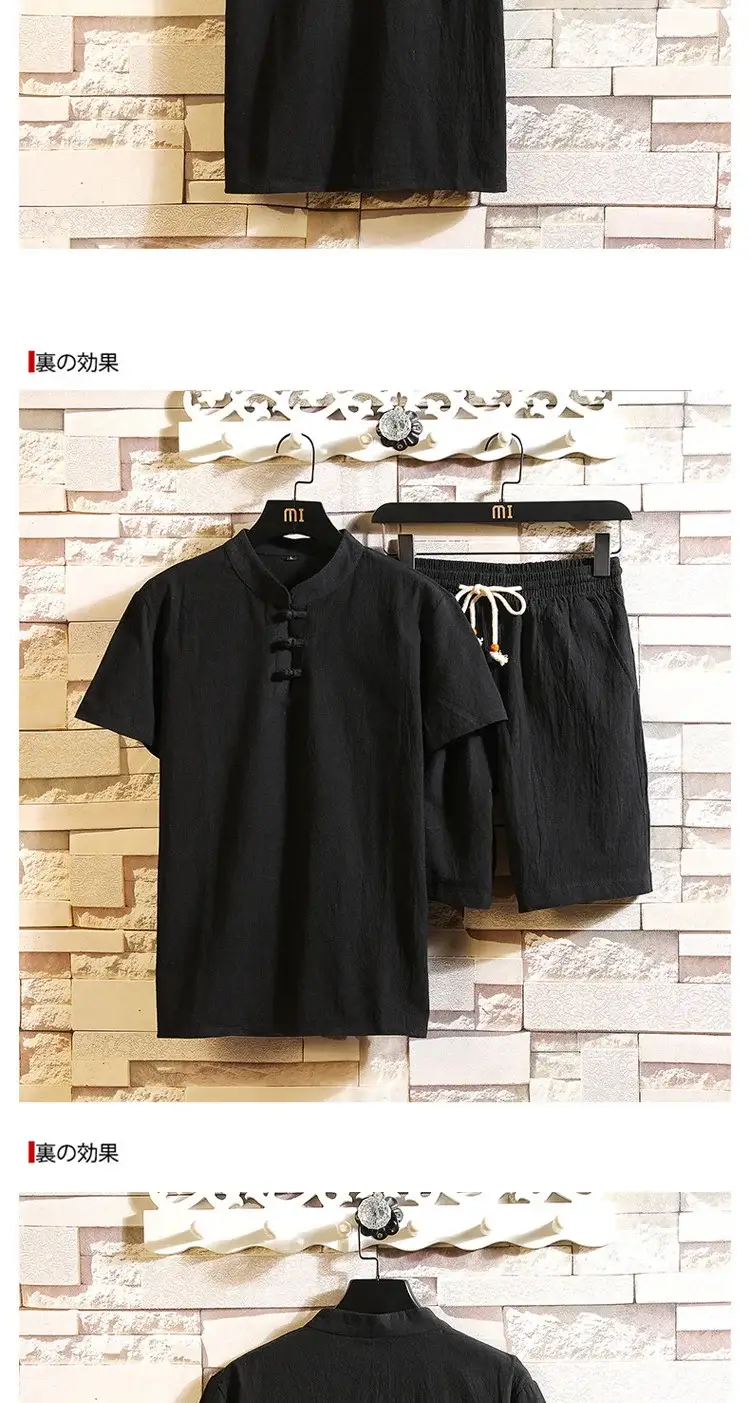 Men Black Chinese Style Shorts Suit Large Cotton Linen — feature 3