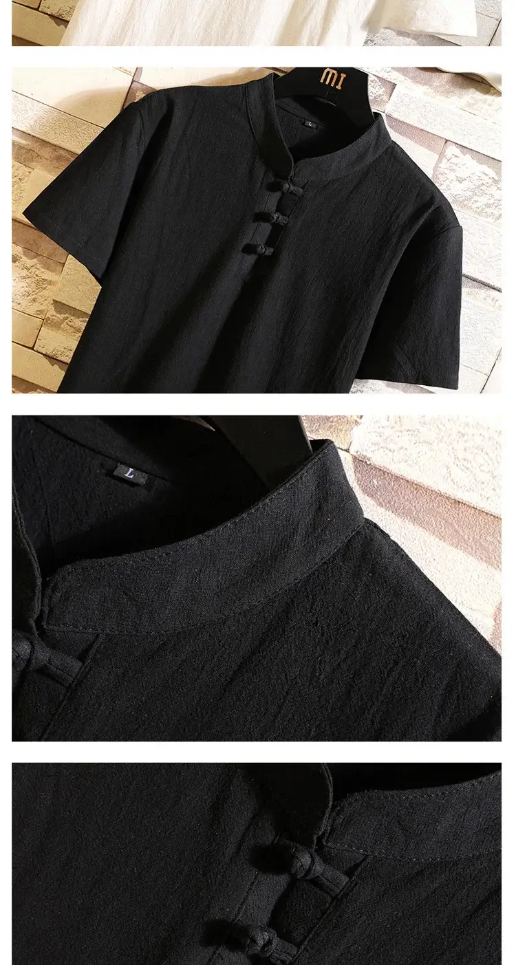 Men Black Chinese Style Shorts Suit Large Cotton Linen — feature 9