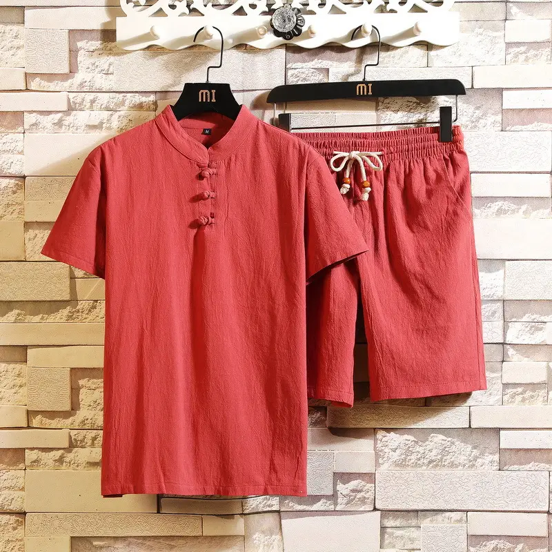 Men Black Chinese Style Shorts Suit Large Cotton Linen - Image 4