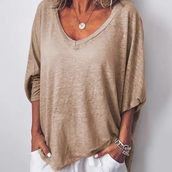 Women's Heart Collar Bat Sleeve T-Shirt Beige - Image 6