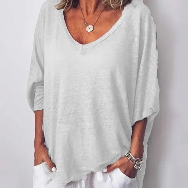 Women's Heart Collar Bat Sleeve T-Shirt Beige - Image 7