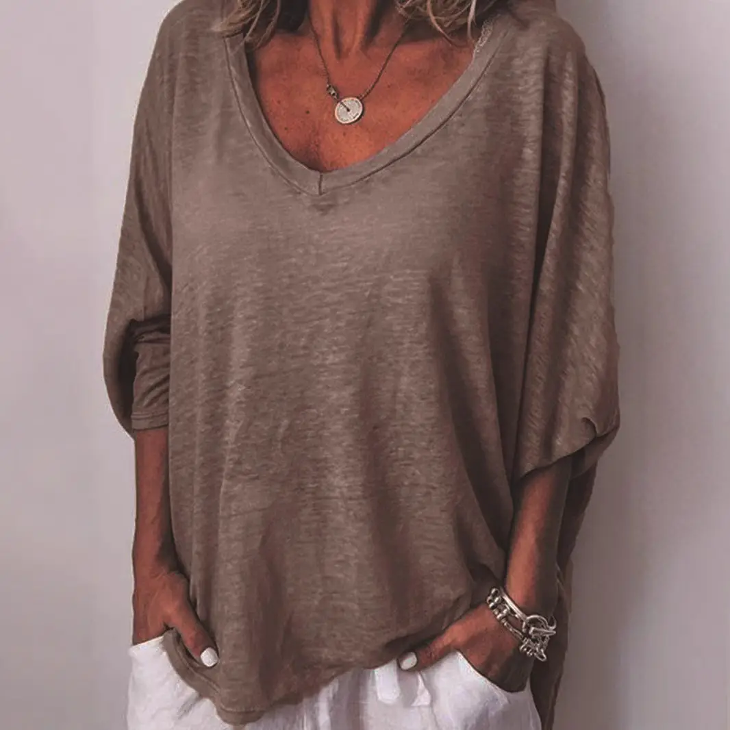 Women's Heart Collar Bat Sleeve T-Shirt Beige - Image 10