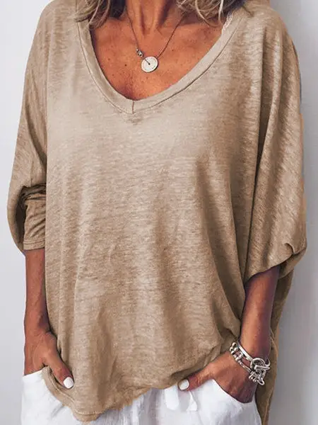 Women's Heart Collar Bat Sleeve T-Shirt Beige - Image 3