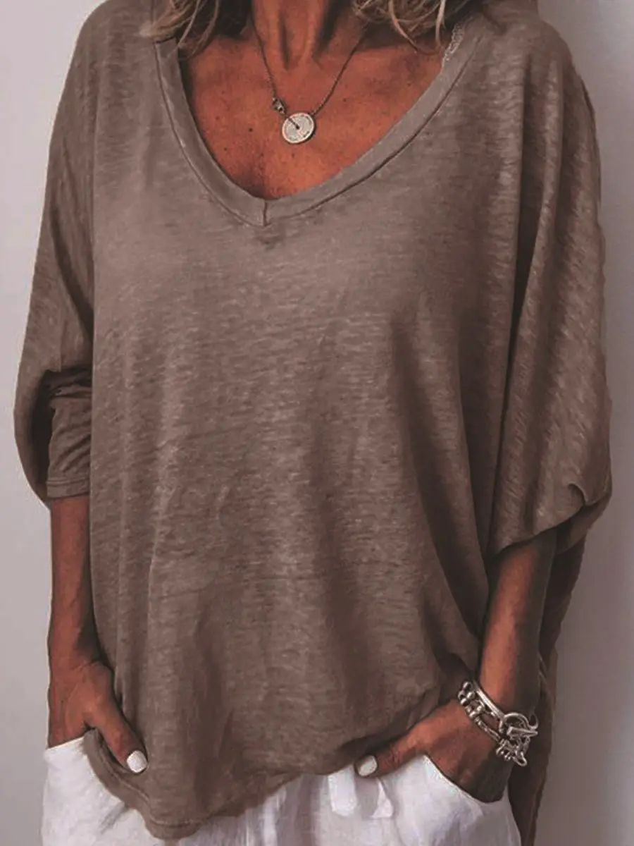 Women's Heart Collar Bat Sleeve T-Shirt Beige - Image 5