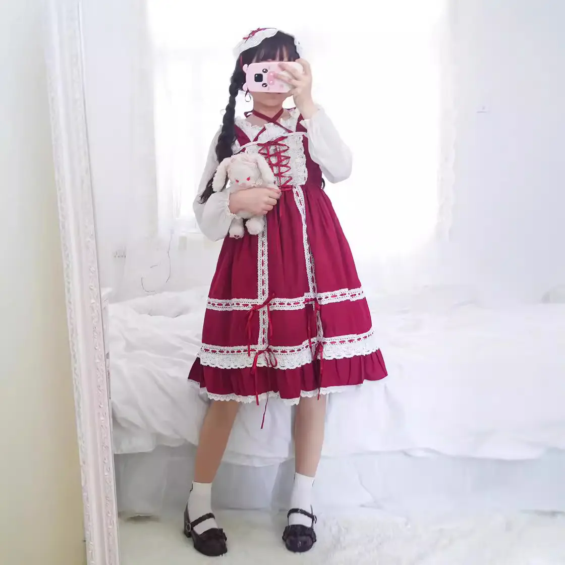 Red Ribbon Baby Doll Dress with Lace & Bow