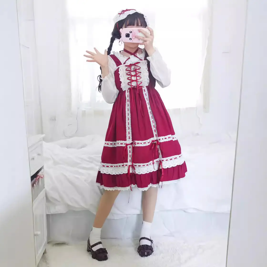 Red Ribbon Baby Doll Dress with Lace & Bow