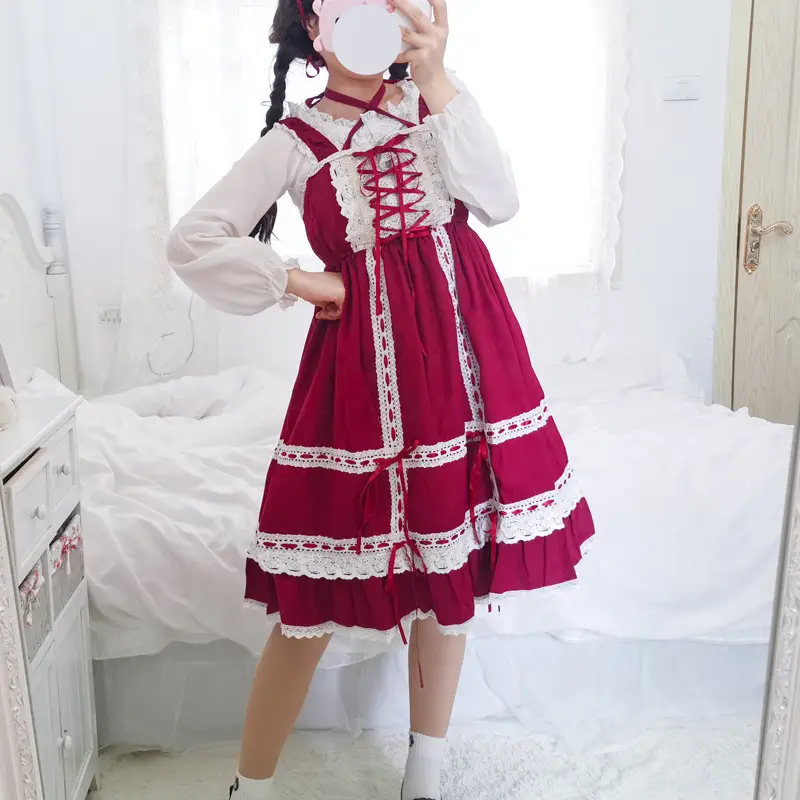Red Ribbon Baby Doll Dress with Lace & Bow
