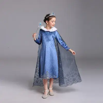 Girls Princess Dress Blue Maomao Collar with Scarf - Image 4