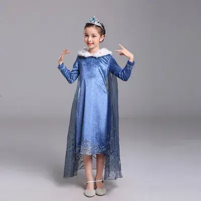 Girls Princess Dress Blue Maomao Collar with Scarf - Image 5