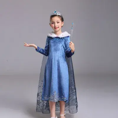 Girls Princess Dress Blue Maomao Collar with Scarf - Image 6