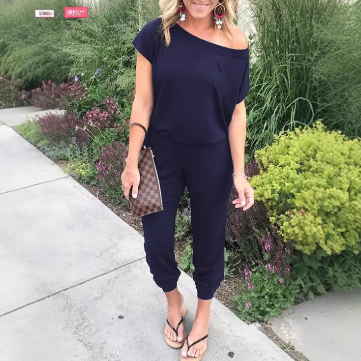 Women Navy Blue Flap Pocket Pants Set with Slanted Shoulder - Image 2