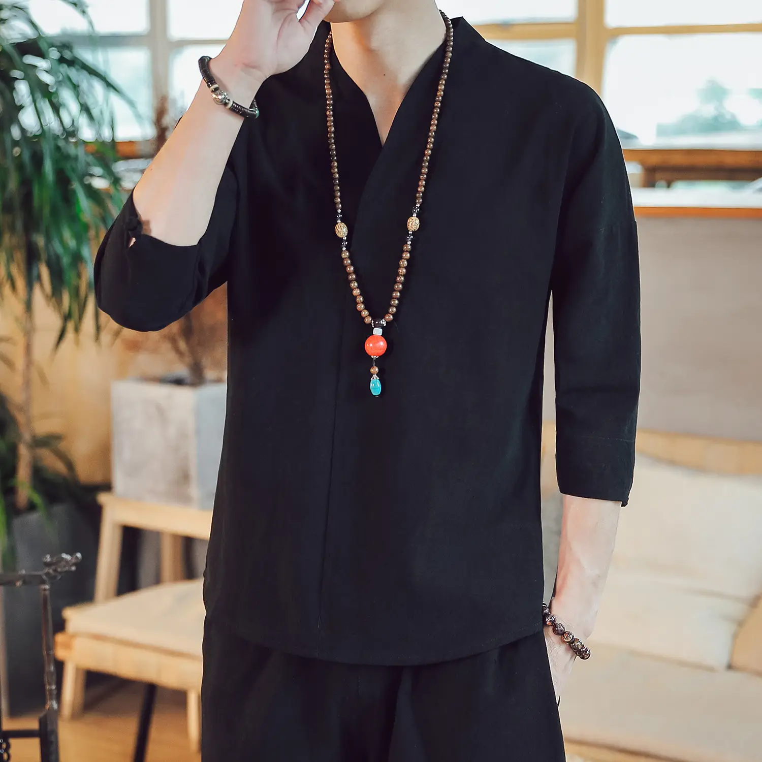 Men's 2019 Red V-Neck Seven Sleeve T-Shirt - Image 7