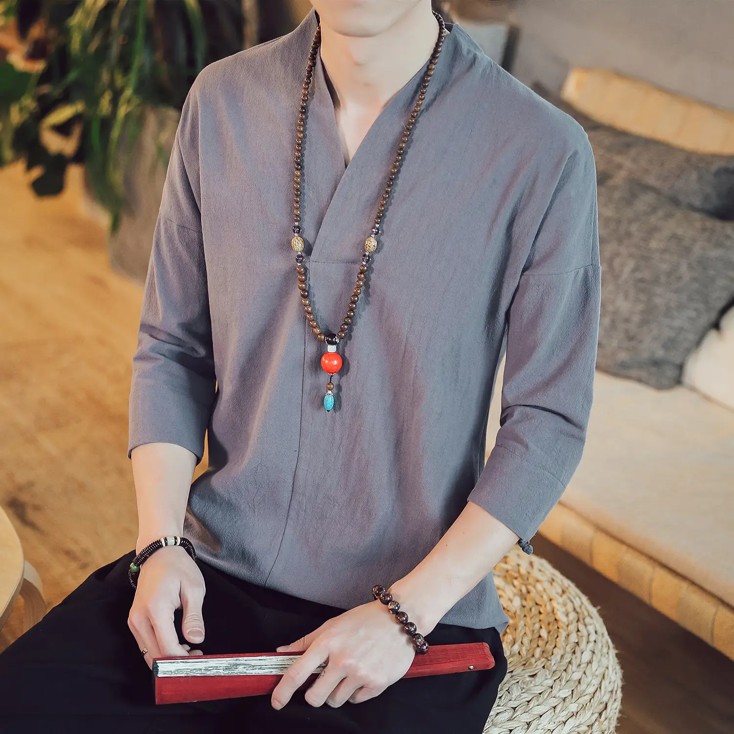 Men's 2019 Red V-Neck Seven Sleeve T-Shirt - Image 8