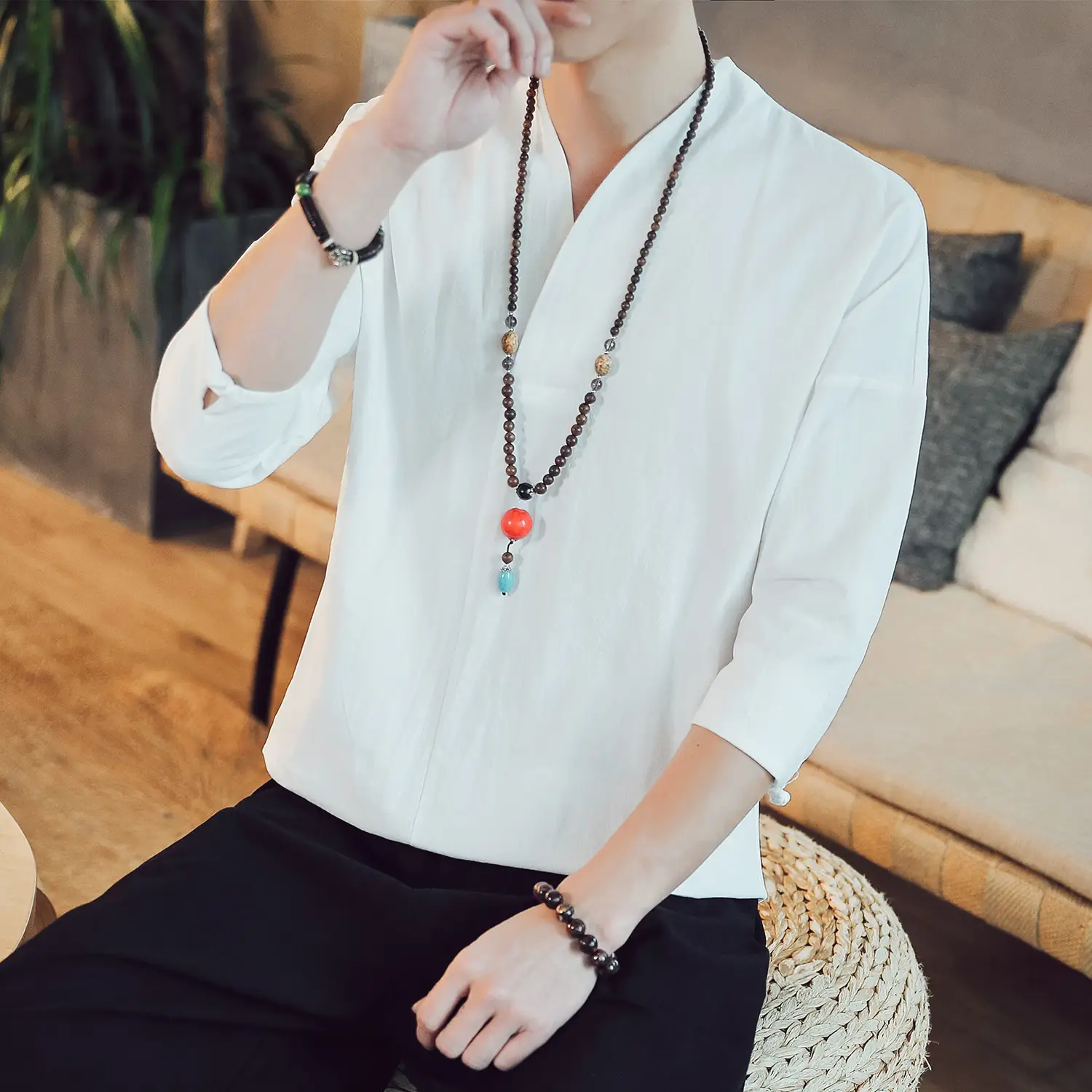Men's 2019 Red V-Neck Seven Sleeve T-Shirt - Image 10