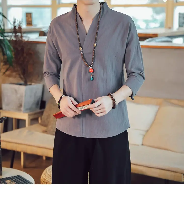 Men's 2019 Red V-Neck Seven Sleeve T-Shirt — feature 45