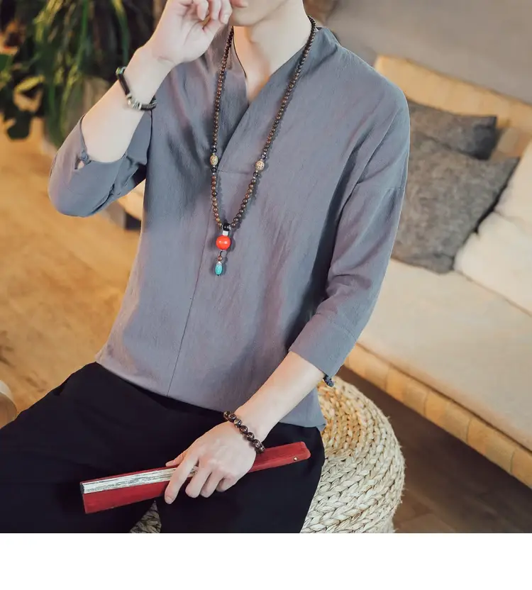 Men's 2019 Red V-Neck Seven Sleeve T-Shirt — feature 48