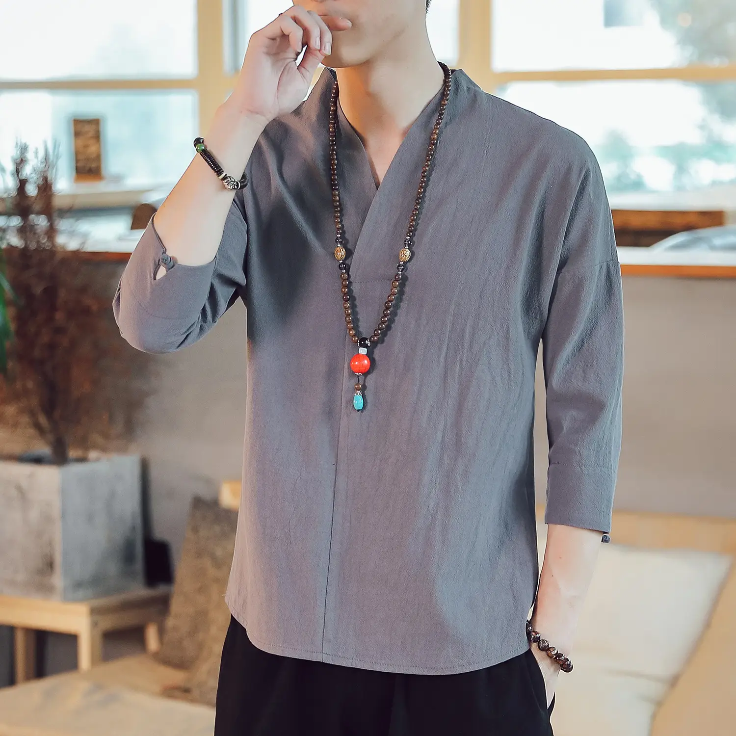 Men's 2019 Red V-Neck Seven Sleeve T-Shirt - Image 3