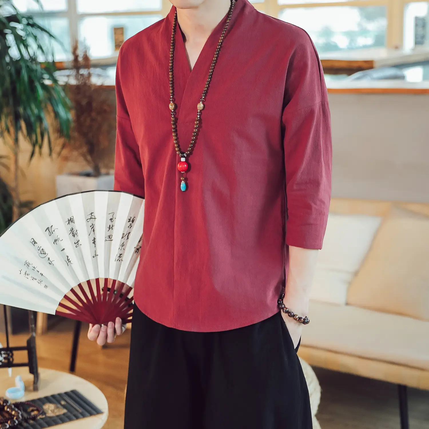 Men's 2019 Red V-Neck Seven Sleeve T-Shirt - Image 4