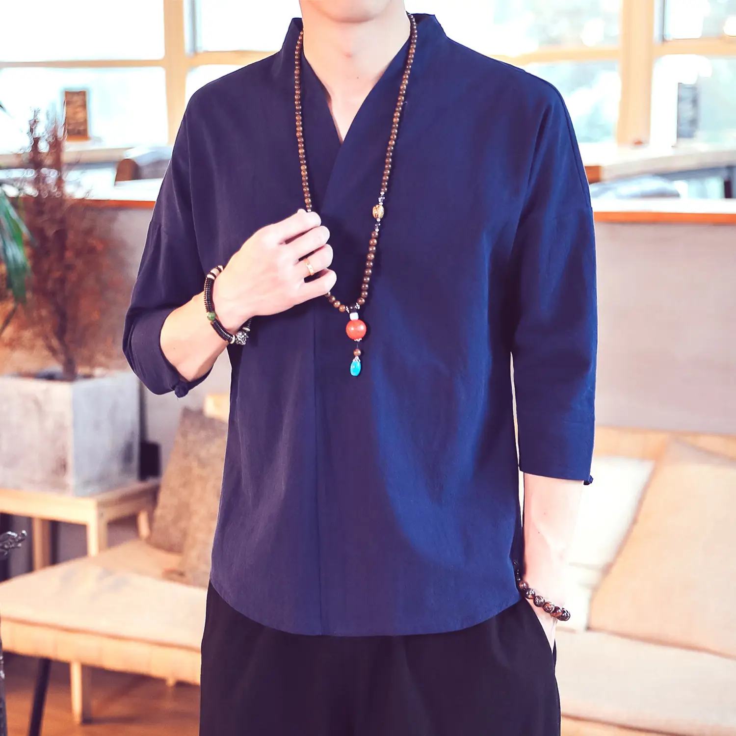 Men's 2019 Red V-Neck Seven Sleeve T-Shirt - Image 5