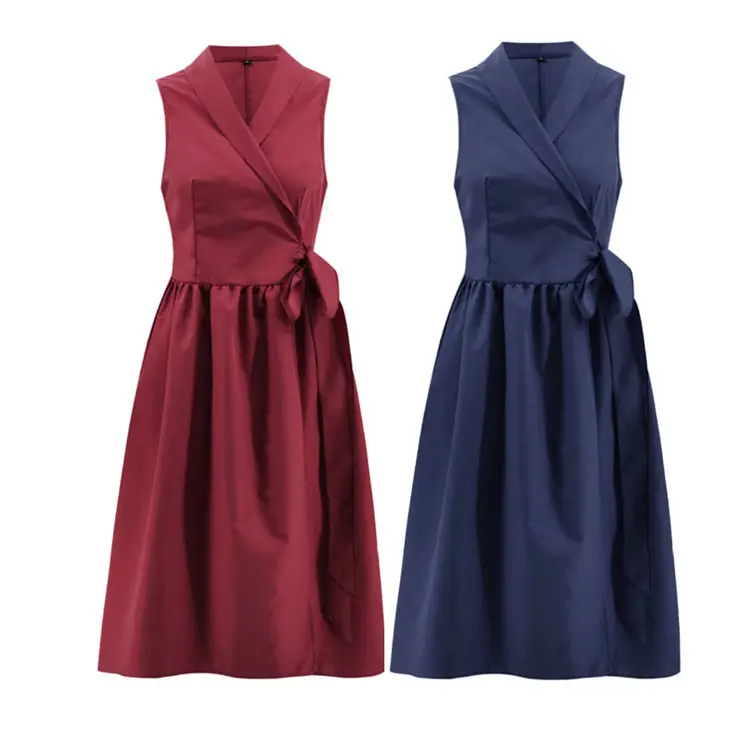 Women's V-Neck Sleeveless Waist Dress Maroon Solid Color - Image 6