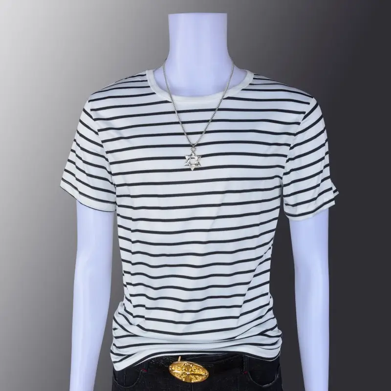 Men Striped Cotton T-Shirt Short Sleeve Korean Style - Image 2