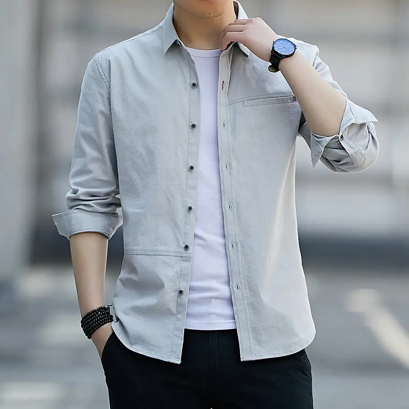 Men's Long Sleeve Button-Up Shirt Grey Slim Fit - Image 5