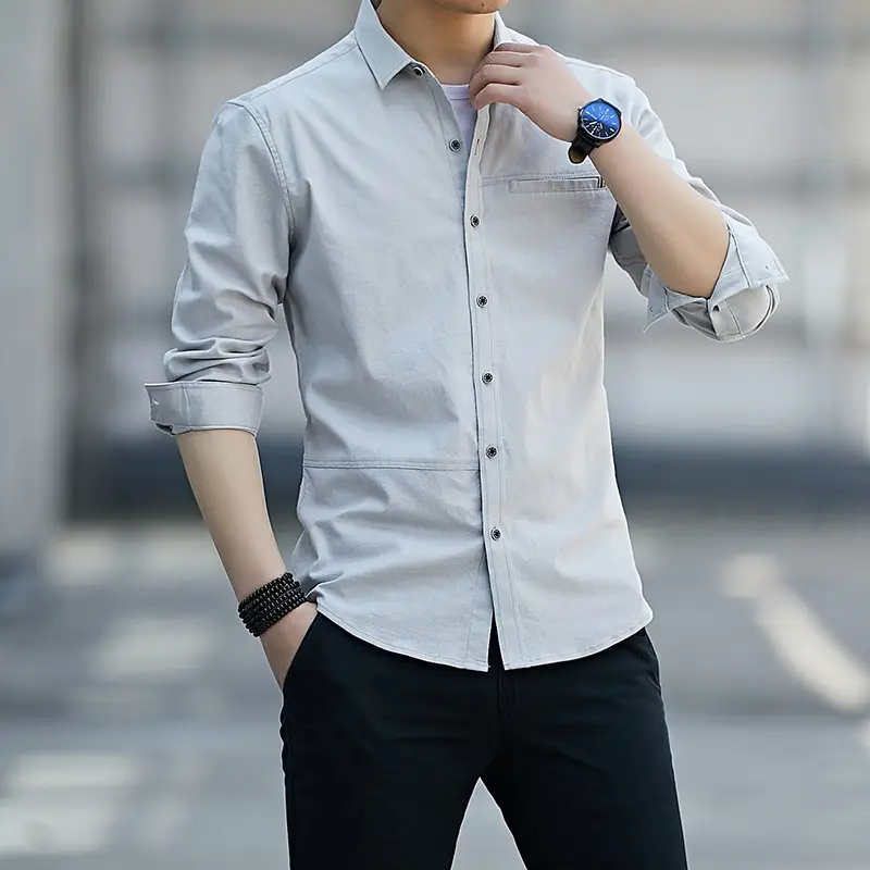 Men's Long Sleeve Button-Up Shirt Grey Slim Fit - Image 4