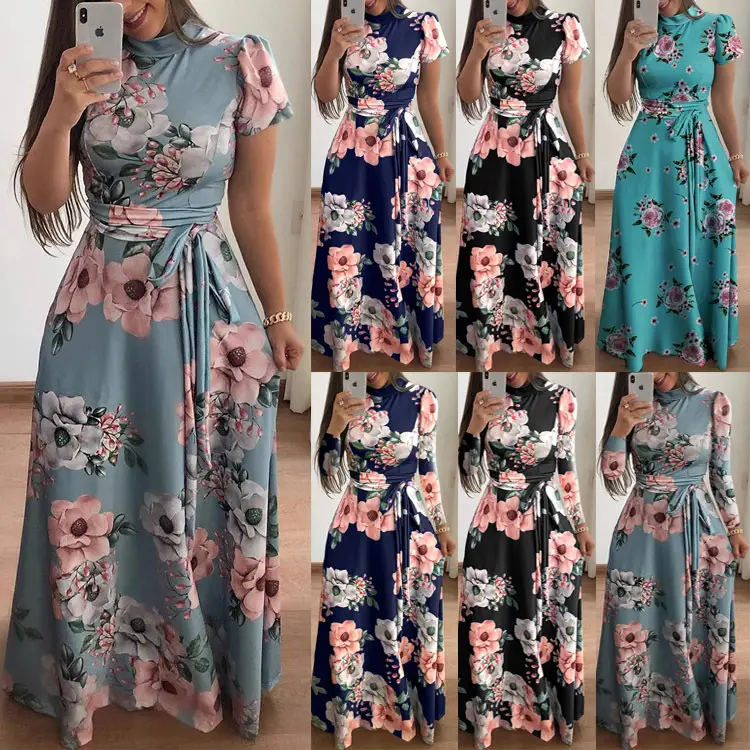 Women's Floral Printed Long Dress Blue Pink Large Hem - Image 8