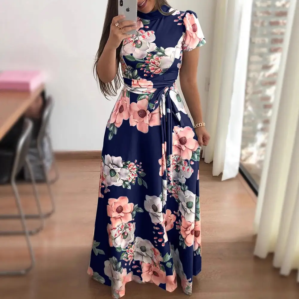 Women's Floral Printed Long Dress Blue Pink Large Hem - Image 9
