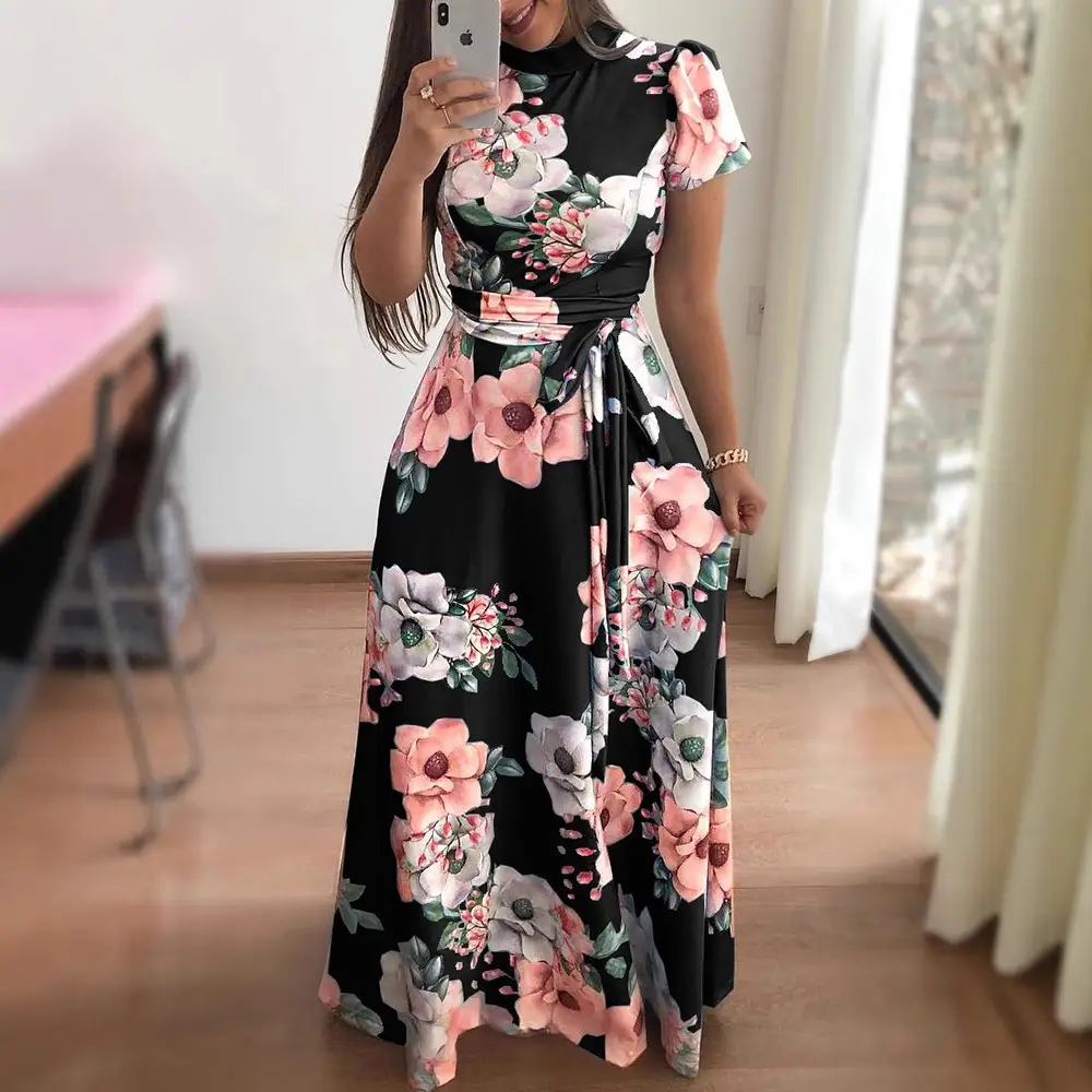 Women's Floral Printed Long Dress Blue Pink Large Hem - Image 10