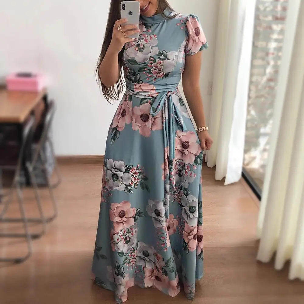 Women's Floral Printed Long Dress Blue Pink Large Hem - Image 11