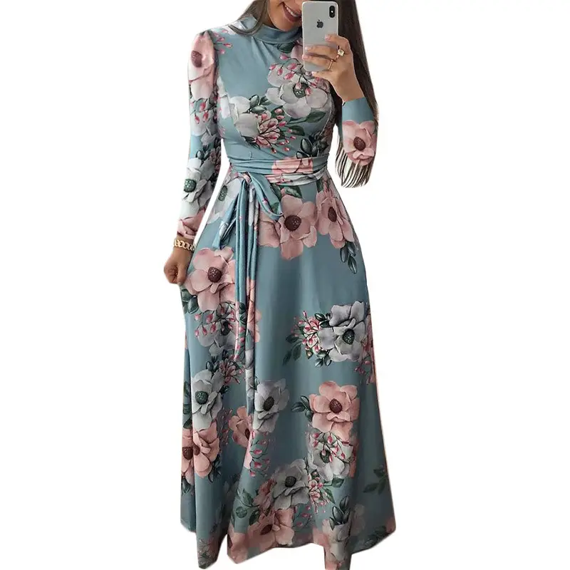 Women's Floral Printed Long Dress Blue Pink Large Hem - Image 12