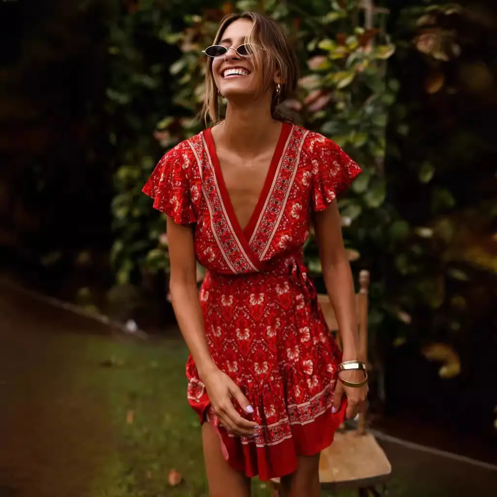 Women Printed V-Neck Dress with Lace-Up Skirt - Image 13