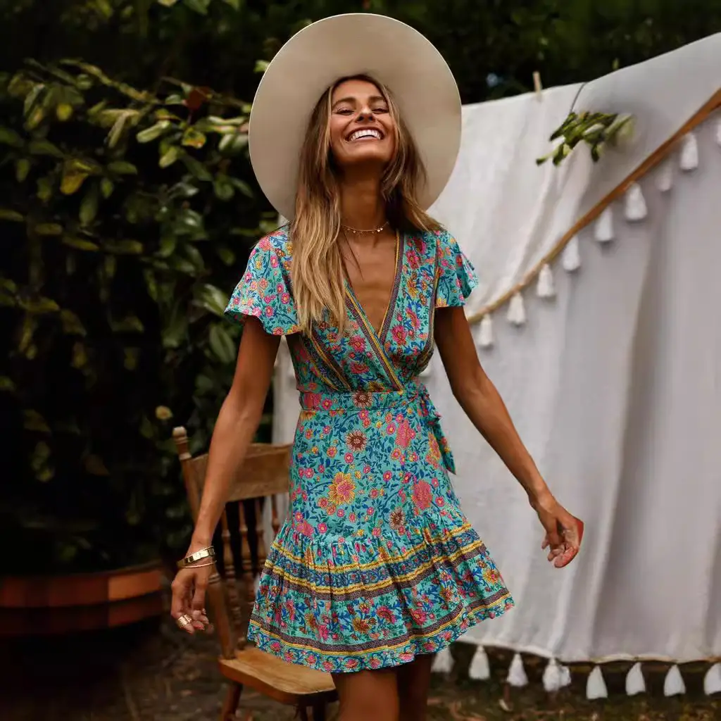 Women Printed V-Neck Dress with Lace-Up Skirt - Image 14