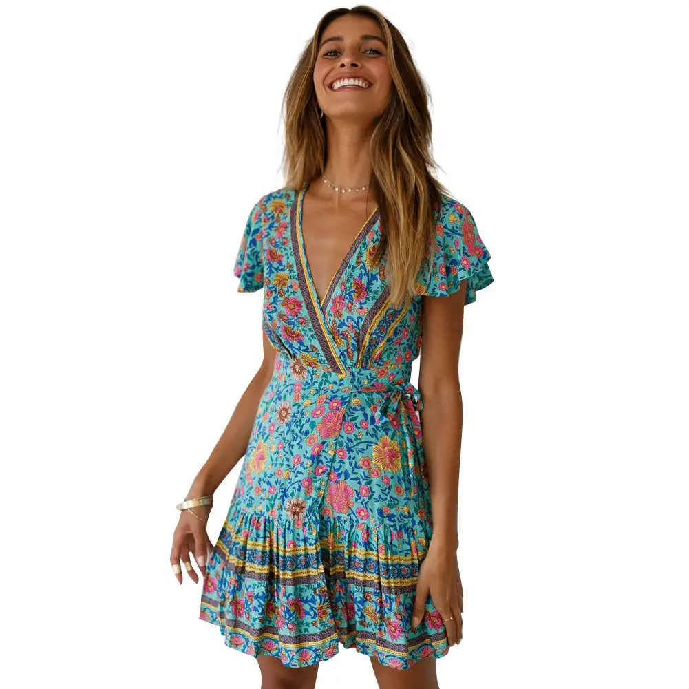 Women Printed V-Neck Dress with Lace-Up Skirt - Image 4