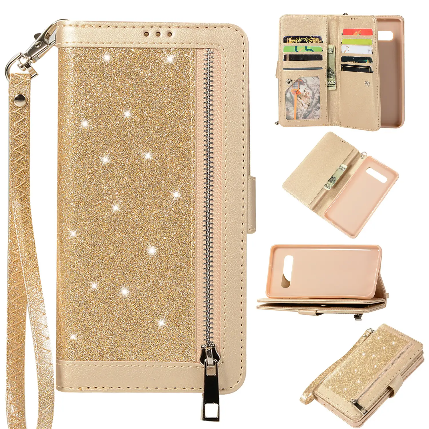 Pink Starry Zipper Phone Case with 9 Cards & Lanyard - Image 2