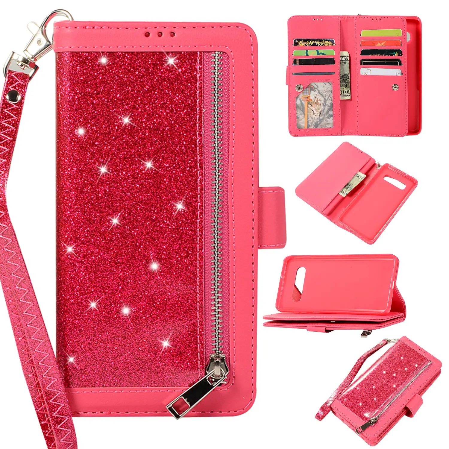 Pink Starry Zipper Phone Case with 9 Cards & Lanyard - Image 5