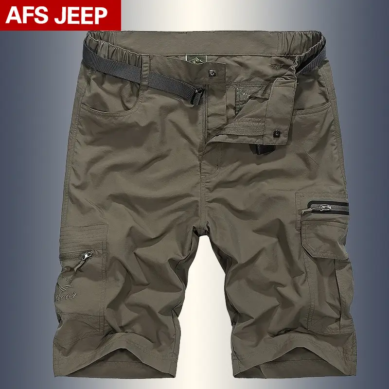 Men's Beige Military Style Beach Pants with 5-Pocket Design