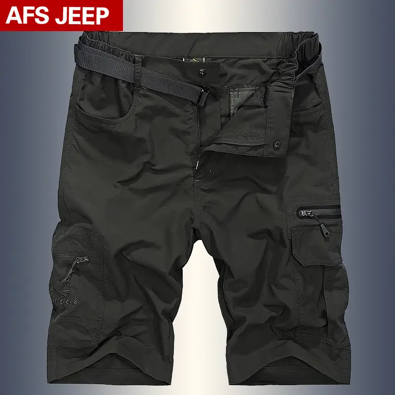 Men's Beige Military Style Beach Pants with 5-Pocket Design