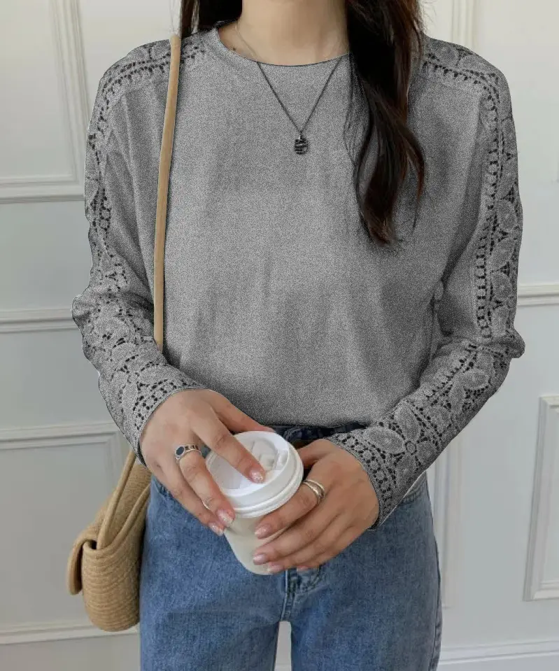 Women Japanese Style 5Q Sleeve T-Shirt Grey